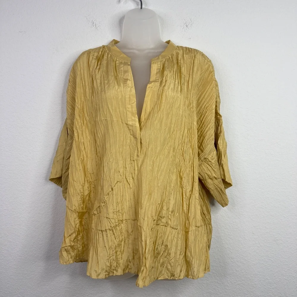 Vince Shirt Women 2X Gold Silk Textured Crinkle Capsule Minimalist Luxury Career